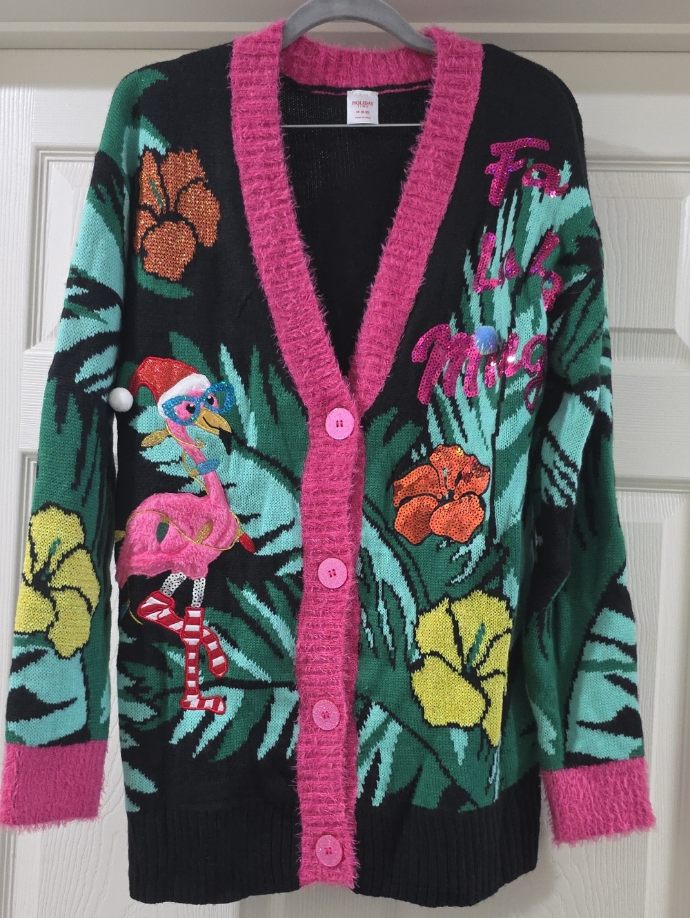 Holiday Time Black Cardigan with Pink Trim & Tropical Flamingo Motif - Medium